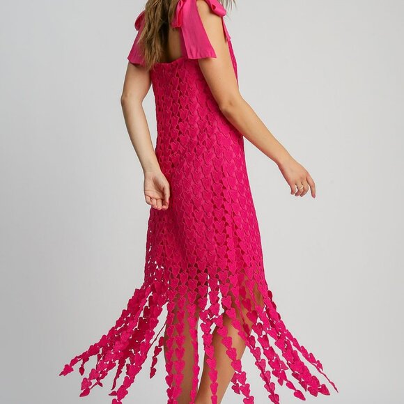 NWT Umgee Hot Pink Heart Lace Fringe Maxi Dress With Bow Tie Strap – Romantic Bo - Picture 4 of 4